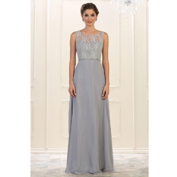 Silver Lace Belted Formal Long Dress